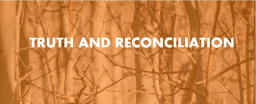 Truth and reconciliation written against an orange background of birch trees