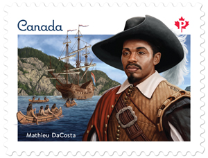 Portrait of Mathieu DaCosta on a postage stamp 