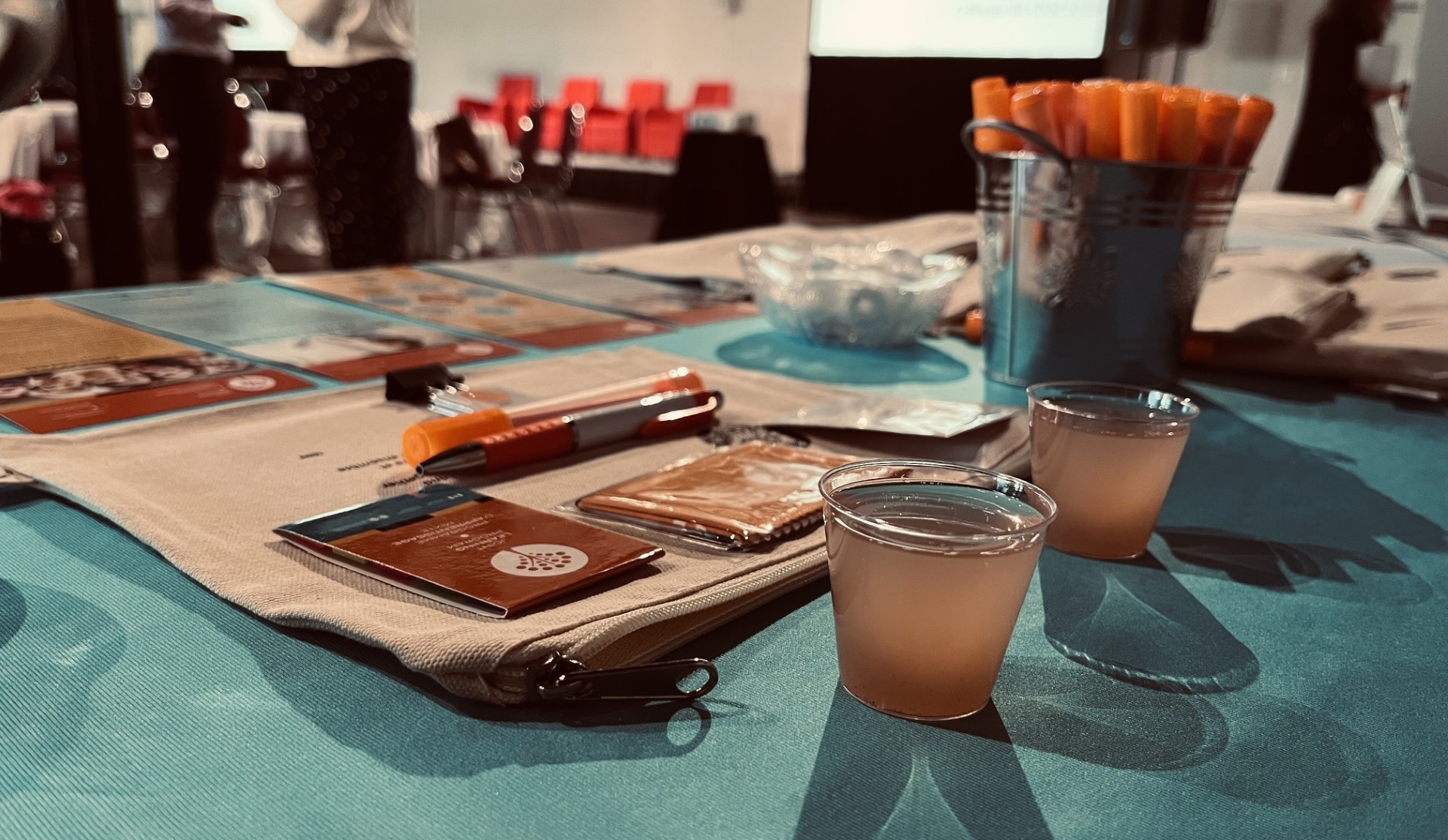 Deux petits verres de jus de fraise sont pos&eacute;s pr&egrave;s du mat&eacute;riel promotionnel du PAM, sur la table bleu sarcelle du kiosque.