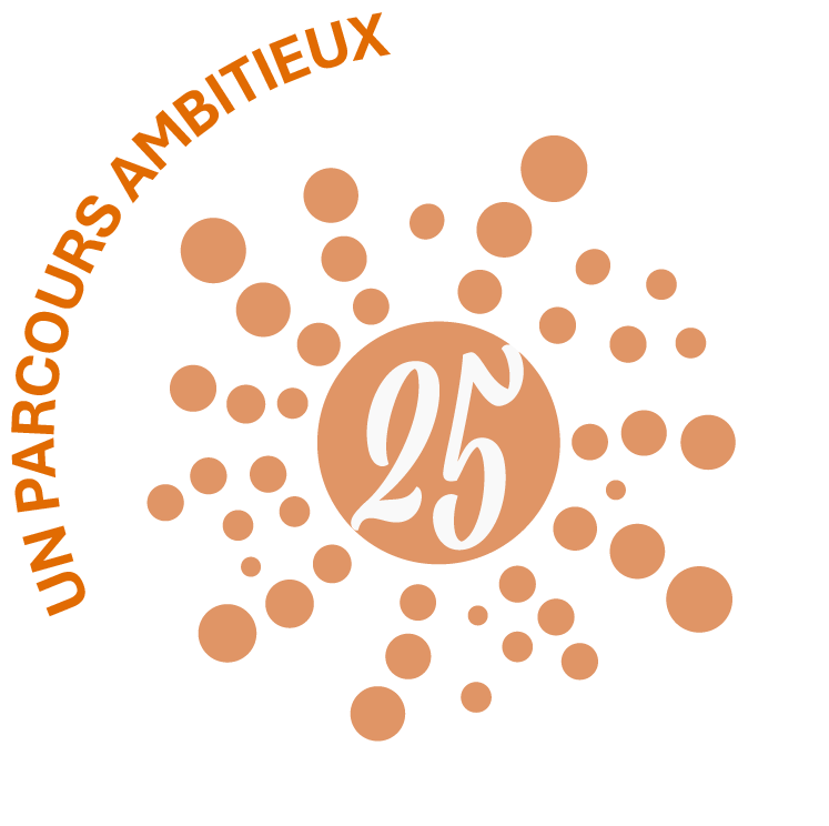 Logo orange du 25e anniversaire du PAM, entour&eacute; des mots &laquo; Un parcours ambitieux &raquo;. 