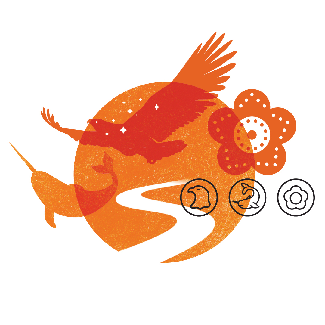 An eagle, a narwhal and a stylized flower, all orange, are silhouetted against an orange and white background.
